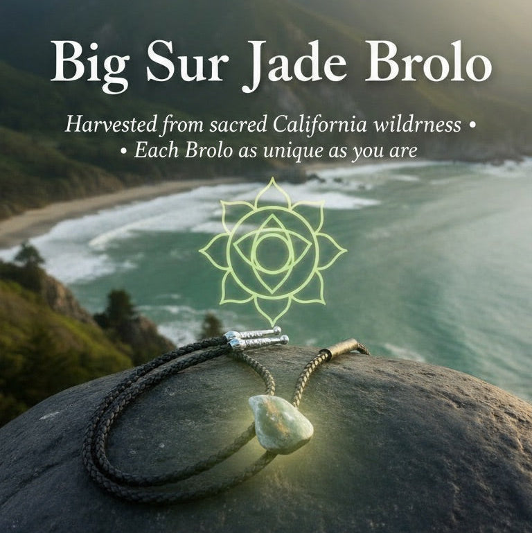 Jade brolo necklace on a rock with Big Sur landscape in the background